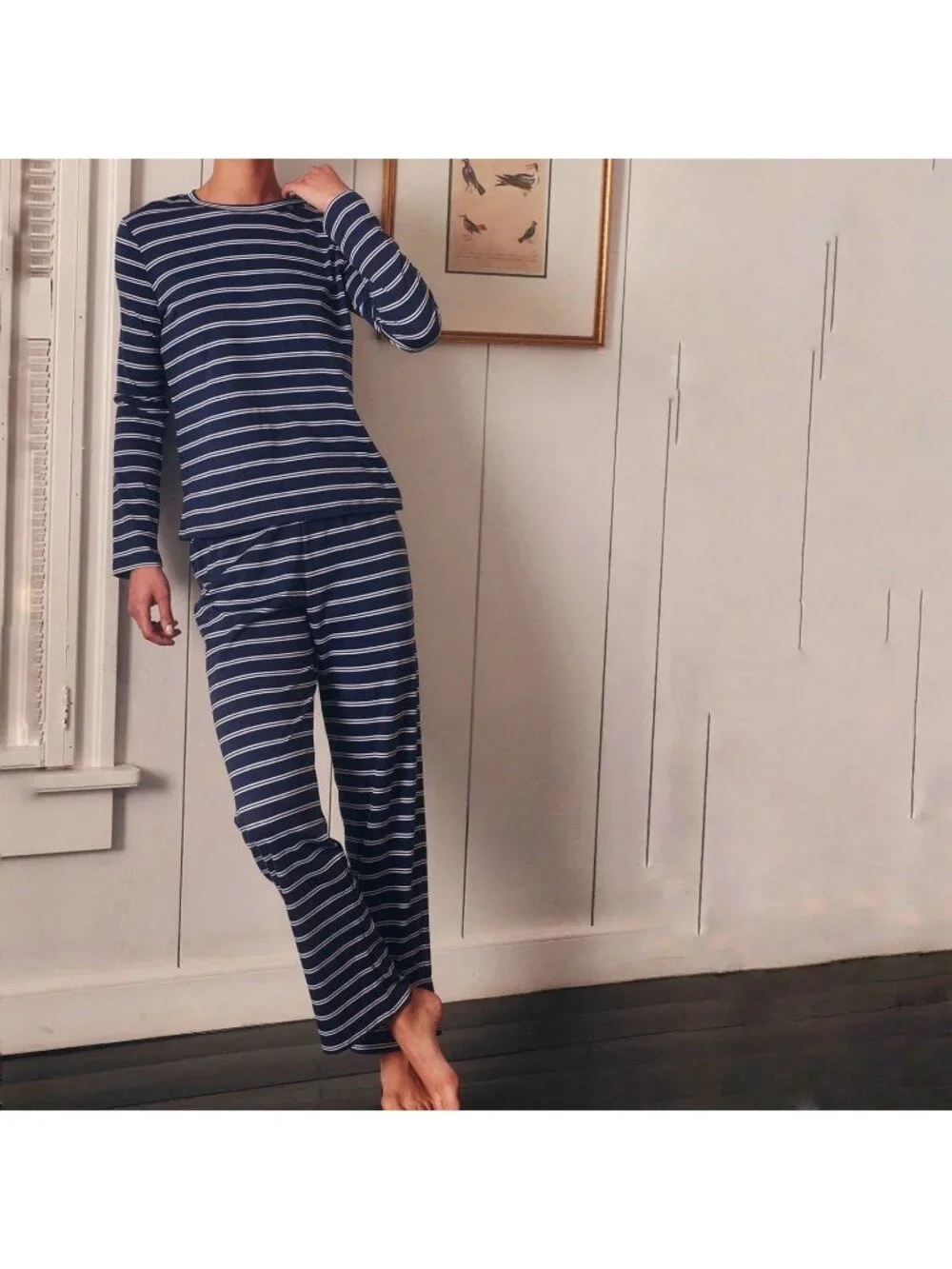 Lake Pima Pajama Set Navy Blue Total Stripe Long Sleeve Top Wide Leg Pants Sz XL